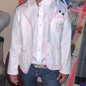 Little girls cream blazer trimmed in light pink.